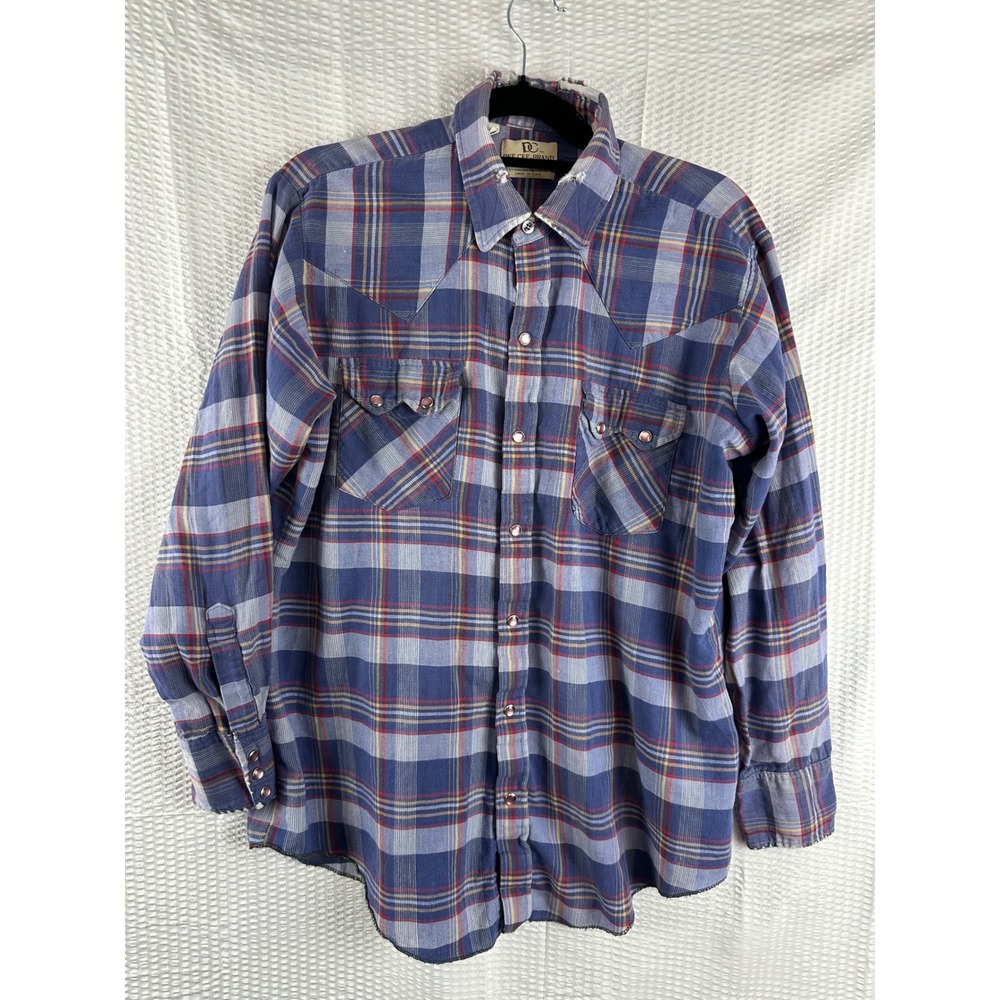 Vintage Dee Cee Brand Western Snap Shirt Men's L 16.5 Plaid Pearl Snap‎ USA 70s